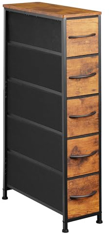 EKNKOZY Narrow Dresser Storage Tower with 5 Drawers, Slim Dresser Chest of Drawers with Steel Frame, Wood Top, Dresser for Bedroom, Bathroom, Small Spaces, Laundry, Closet, Rustic Brown