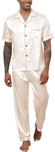 Reliwel Ensemble de pyjama pour homme en satin de soie à manches courtes avec chemise boutonnée et pantalon long col cranté Vêtements de nuit avec poches S-XXL, champagne, XL