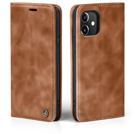 LBH Handyhülle für Apple iPhone 12 in Hellbraun mit Karten- und Geldfach Smartphone Hülle mit Standfunktion Flip Case Schutzhülle Magnetverschluss Vintage