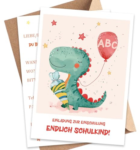 BOYATONG 12er Einladung Einschulung Junge mit Umschlägen, Dino Einladungskarten, Endlich Schulkind 2025 Einschulungskarten Jungs
