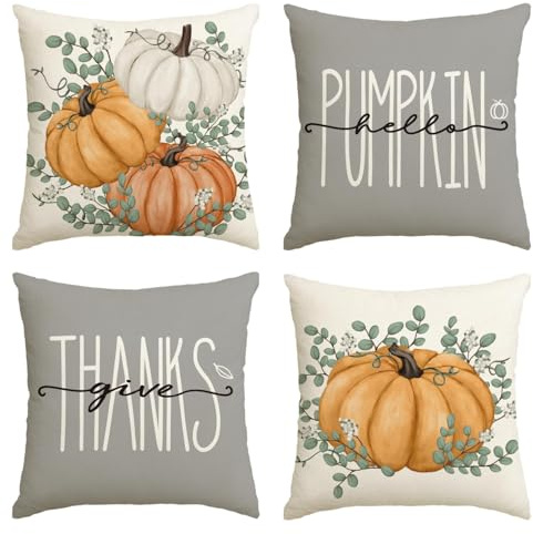 Artoid Mode Orange Kürbisse Eukalyptus Herbst Kissenbezüge 4er Set, 45x45 cm Zierkissenbezug Fall Cushion Cover Couch Wohnzimmer Außenbereich Deko