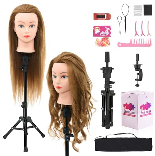 Neverland 71 cm Tête à Coiffer avec Support, Tete a Coiffer Professionnelle 60% Vrai Cheveux Naturels Têtes d'exercice pour l'entraînement des Coiffeurs avec Pince de Table + Ensemble de Tresse