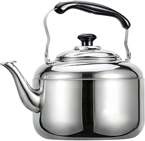 CAFIEDR Teekanne für den Herd, Teekessel aus Edelstahl, Campingkessel zum Kochen von Wasser, Flötenkessel mit hitzebeständigem Griff für den Herd, Teekessel (Silber, 6 l)