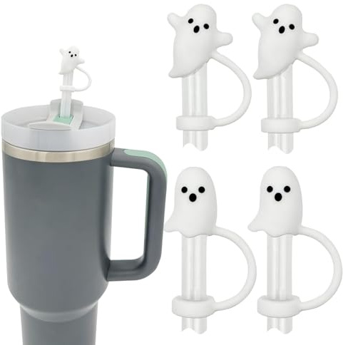 Hebterrka 4 Stück Niedliche Geister Strohhalm-Abdeckungen, Kompatibel mit Stanley Bechern 30/40 oz, Wiederverwendbare Silikon Strohhalm-Topper, Perfekt für Halloween Geschenke