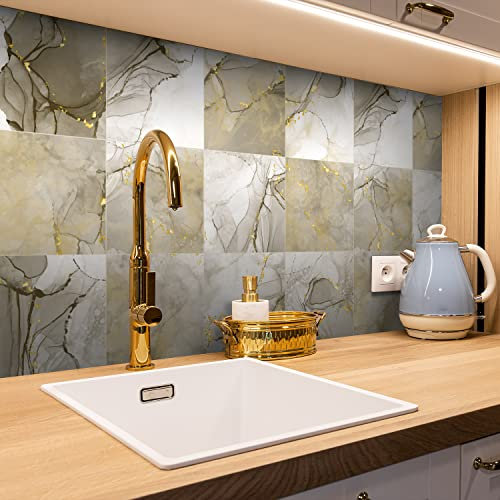 Credence Adhesive Pour Cuisine -Marbre Doré Salle De Bains Et Cuisine Stickers Carrelage, Pvc Imperméable Credence Adhesive Décorative À Carreaux,Stickers Auto-Adhésif 36 Pièces(20X20Cm)