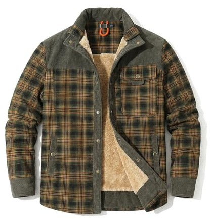 HYPESTFIT Varm jacka med knappar i fleece för män, flanellpälsfoder, ledig skogshuggare, långärmad, vadderad jacka, Ljus militärgrön, 3XL