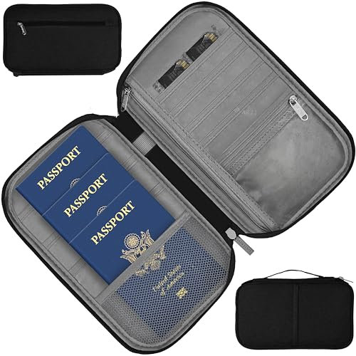 MyGadget Reisepass Organizer [ Platz für 3 Personen Familie ] - Reisepasshülle mit zusätzlichen Platz für Dokumente | EC - Karten | SIM | Schlüssel in Schwarz