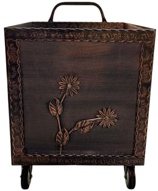 Porta Legna con Ruote, Porta Pellet, in Ferro Battuto, 52 x 50 x 84h cm, Motivo Floreale, Per Camino e Stufe (Rame)