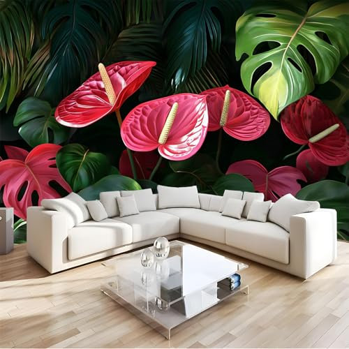 NAWVNMI Papier peint mural 3D pour chambre à coucher, salon, fleurs tropicales, papier peint autocollant rouge Anthurium, papier peint autocollant, 200 x 140 cm