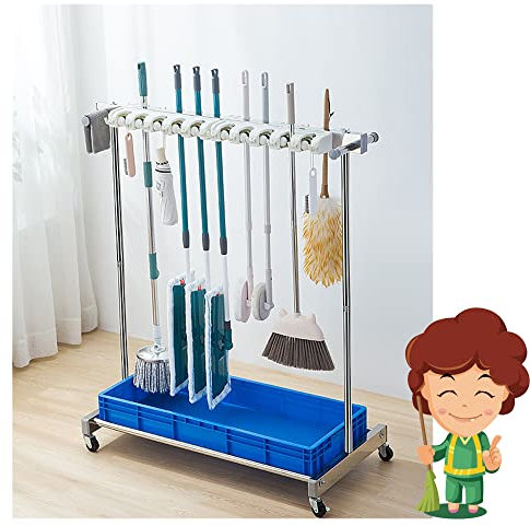 WJFTODAY Abtropfgestell, Besen- und Mopphalter, Allzweckgestell für Mopps und Besen, Reinen, Aufbewahrung und Organisation, Haushaltswagen, Schirmständer, Mopp kann nasse Mopps aufnehmen, mit Rädern,