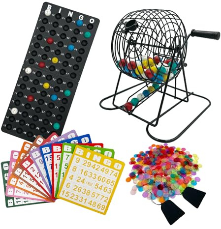 SUTIMSHE Deluxe Bingo Game Set,Bingo Set Includes Metal Cage,600 Mixed Color Plastic Chips,100 Large Cards,75 Bingo Balls,Plastic Masterboard, 2 Velvet Bag,Great for Adults Large Group and Parties