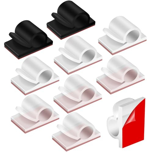 60PCS Cable Clips, Outdoor Light Wire Clips Self Adhesive Cable Tidy Hooks Cord Organiser Holder for Cable Management, Home Office Desk Wall, 14x20mm