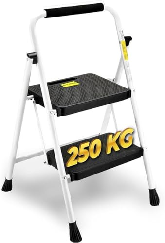 Escabeau à 2 Marches, Tabouret Pliant avec Large Pédale Antidérapante, Échelle Stable en Acier, Poignée Confortable, Tabouret Escabeau en Acier Léger et Portable, Blanc