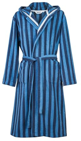 TOM TAILOR Bademantel für Damen und Herren, Gr. M, 100% Baumwolle/Frottier, mit Kapuze, CLASSIC BATHROBE MEDIUM STRIPES Blau (Dark Navy & Cool Blue)