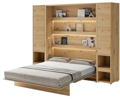 Friderik Bed Concept BC-12 Wandklappbett Vertikal Schrankbett mit Matratze und mit LED-Beleuchtung, 160x200 cm + 2X Vertikalschrank BC-07 (Artisan-Eiche)