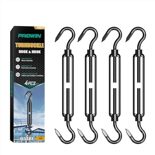 PROWIN 4PCS M6 Stainless Steel Hook & Hook Turnbuckle, Black Electrophoretic Coating for Wire Rope Tension, Shade Sail, Tent Installation, Heavy Duty, Corrosion Resistant, 304 Steel Hardware