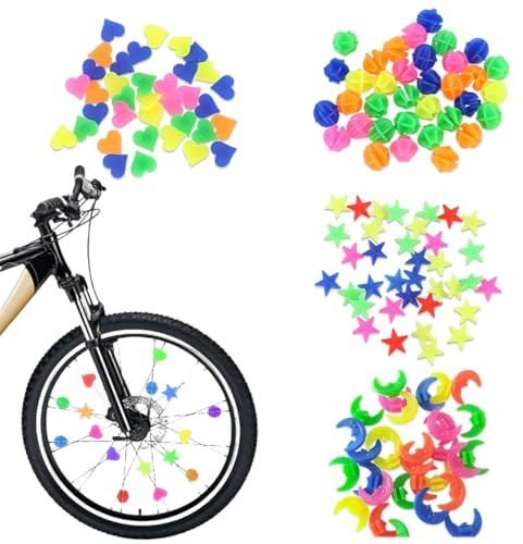 OUDQFCJ 144 Stück Fahrradspeichen-Dekorationen Speichenklicker Kinderfahrrad Leuchtendes Speichenreflektoren Kinder Fahrrad Zubehör Reflektierende Speichenperlen (Bunten)