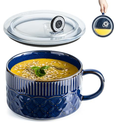 Gomakren Soup Bowl with Handle 39oz, Microwave Ramen Bowl with Lid, Ceramic Soup Container Mug Cup for Ramen Cereal Ice Cream Fruits Office Lunch Dorm, Cobalt Blue