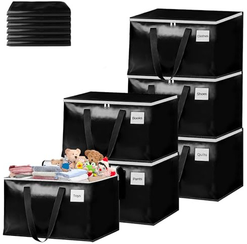 Focenat 93L Bolsas Mudanza, 6 Piezas Bolsas de Mudanza con Cremallera y Asa, Impermeable Grande Bolsa de Almacenamiento, Organizador de Ropa, Bolsa Extra Grande para Mudanza y Viaje (Negro)