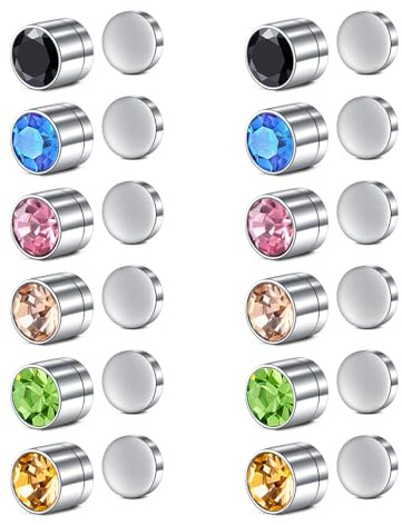 AVYRING Magnetiska örhängen för män kvinnor rostfritt stål klämma på näsdubbar icke-piercing smycken färg diamant falska piercingar 3 mm 4 mm 5 mm, 6 par, Rostfritt stål
