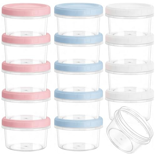Hikrxya 15 Pack 200ml 7OZ Small Reusable Plastic Food Container with Lids, Deli Containers Stackable Clear Food Storage Jars, Dishwasher & Microwave & Freezer Safe (White/Blue/Pink)