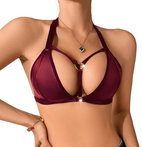 Unsichtbarer Push Up BH Damen PU-Leder Dessous Schnalle Riemchen Ausschnitt BH Bügel Push Up Bralette Cosplay Dessous Sexy Push-up-BH (DE/NL/SE/PL, Alphanumerisch, M, Regular, Regular, Weinrot)