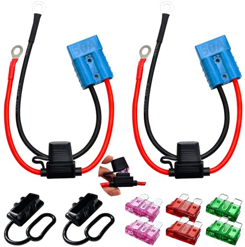 CESFONJER Cables de batería de 10 AWG y 30 cm, Conectores rápidos Azules, Conector Power de 50 A, conexión rápida con cabrestante y Fusible para Transferencia de energía de batería (Paquete de 2)
