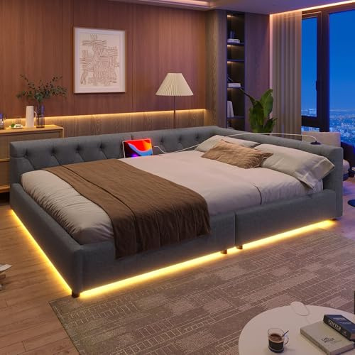 ECLIVON Schlafsofa Polsterbett 140x200 mit LED Lichtleiste & USB Typ C, Doppelbett Sofa Bett, Bodenbett Kopfteil mit Knopftuft, Tagesbett Bettgestell mit Lattenrost, Leinen, Ohne Matratze (Grau)