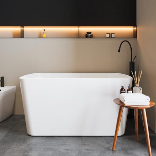 49 Inch Acrylic Freestanding Bathtub, Soaking Bathtub with Matte Drain and Overflow, cUPC Certified, Modern Square Tub with Deep Ergonomic Design and Double-Walled Insulation for Bathroom Use, White