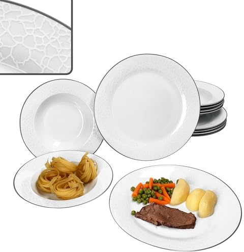 MamboCat Venedig 12tlg Tafelservice I weißes elegantes Porzellan Geschirr für 6 Personen I je 6x Speiseteller & Suppenteller 150ml mit Relief in Kieselstein-Optik mit grauer Linie