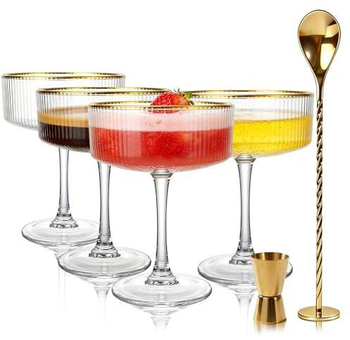 Vessyn Cocktailglas 4-pack med guldkant & cocktailtillbehör | Ribbade martiniglas 318ml | Champagnerskålar | Vintage coupeglas inkl. gyllene sked & | Perfekt som present
