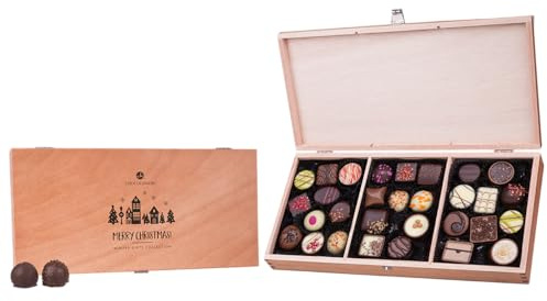 CHOCOLISSIMO Regalo di cioccolato - 30 cioccolatini di Natale in una graziosa confezione, praline di Natale in una scatola di legno - Cioccolato di idea regalo per San Nicola, Avvento - Merry Prestige