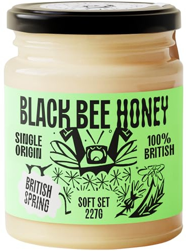 Black Bee Honey - Pure British Spring Soft Set Honey, Creamy and Lightly Sweet, Unprocessed Single Source from Hive to Jar, Never Blended - Delicious on Toast, Soothing in Drinks, 227g Glass Jar