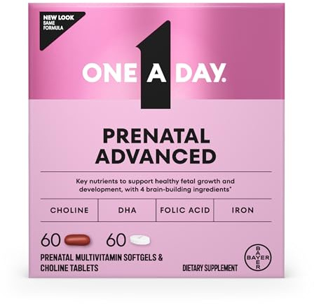 One A Day Prenatal Advanced- Prenatal Vitamins with Folic Acid, Choline, DHA & Iron, Pregnancy Vitamins for Women to Support Baby’s Development, 60+60 Ct (120 Total Set) (Packaging May Vary)