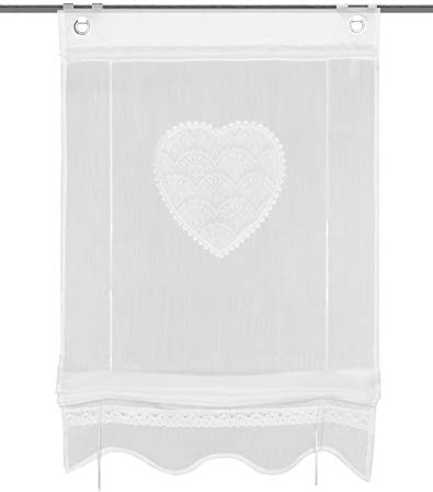 HOME WOHNIDEEN 91417 Corazon, Bändchenrollo mit Ösen und Haken, aus Batist, Bestickt und mit Spitze, Blende unten, Farbe: Weiß, Maße (h x b): (130 x 45 cm)