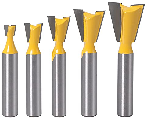 Saipor Set di 5 punte da 8 mm con codolo di rondine, per lavorazione del legno, per fresatura a coda di rondine, set di frese comuni [1/4 1/2 3/8 5/8 3/4]