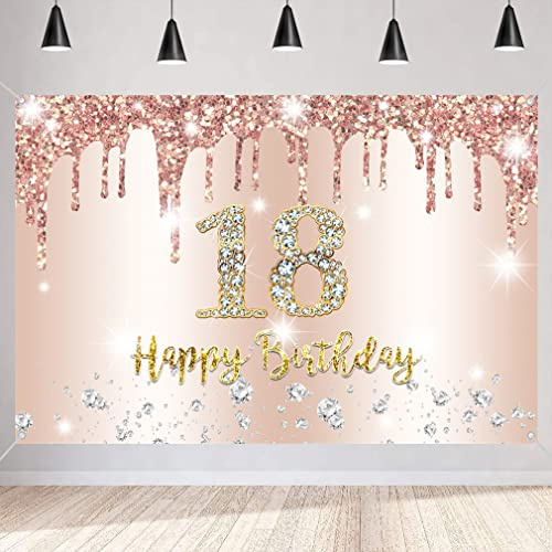 18. Geburtstag Deko Mädchen 18th Birthday Hintergrund Banner Roségold | 18. Geburtstag Geburtstagsfeier Deko Mädchen, Happy 18th Birthday Wand Deko Background Tisch Deko Banner for Girls