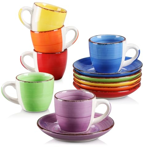 vancasso, Série Bonita, Service à Café Expresso en Céramique pour 6 Personnes, Ensemble de Tasse et Soucoupe, 80ml, Style Minimaliste Multicoloré-Bleu et Orange