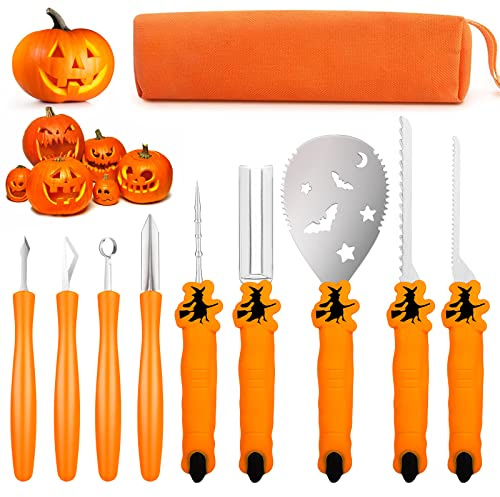 Tomaje Pumpkin Carving Kit Tools Halloween, TRAALL Professional Heavy Duty Carving Set, Stainless Steel Sculpting Tool Carving Knife for Halloween Decoration Jack-O-Lanterns, Gift for Halloween(9PCS)