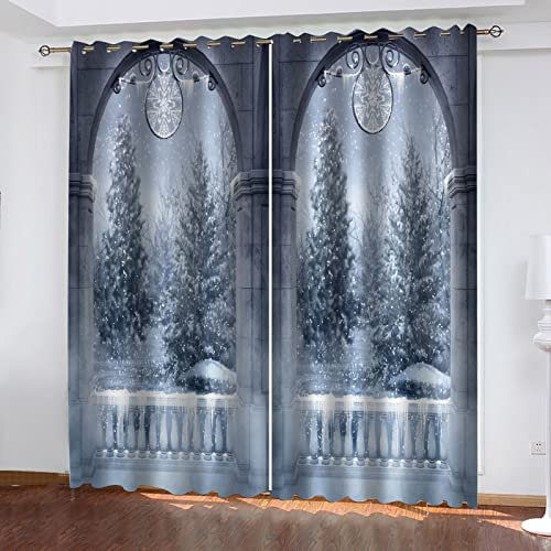 Thermovorhang Hitzeschutz Und Verdunklung Mit Ösen 2Er Set Bogen-Balkon-Schnee-Ansicht 200X214Cm Vorhang Blickdicht Verdunklungsvorhänge Kinderzimmer Wohnzimmer Schlafzimmer Gardinen Verdunklung