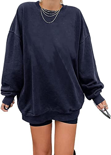 Sudadera para mujer Los Ángeles Jersey Oversized Manga Larga Cuello Redondo Suéter Básico Holgado Tops Sin Capucha Adolescentes Vintage Tops Camisetas, azul oscuro, M