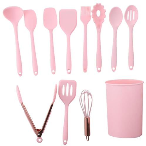 hobbyme Set di 12 utensili da cucina in silicone, set di utensili da cucina, spatole da cucina in silicone termico con supporto, set di utensili da cucina antiaderenti (rosa)