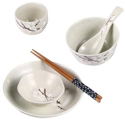 HEMOTON Geschirrset Aus Keramik Mit Schüssel Teller Tasse Löffel Und Essstäbchen Im Japanischen Stil Für Haushalt Praktisch Und Umweltfreundlich
