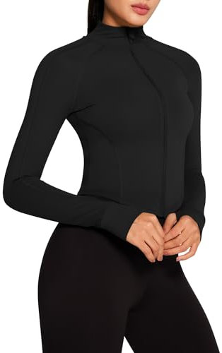 QUEENIEKE Damen Sportjacke mit durchgehendem Reißverschluss, Daumenlöchern enge Passform, ideal für Laufen, Training und Workout (Schwarz, S)