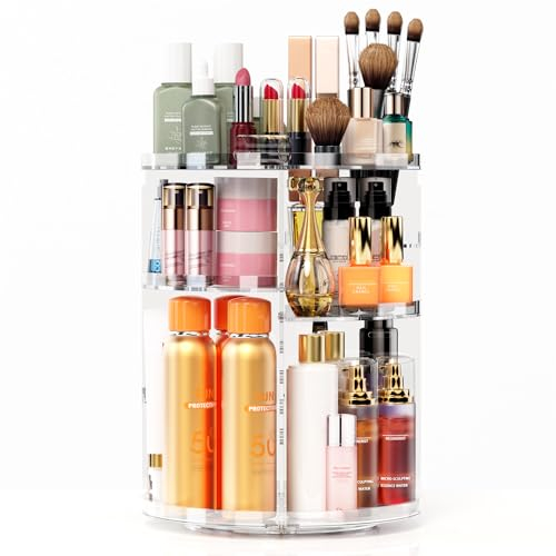 HOOMOOZ Make Up Kosmtik Organizer, 360° Drehbar Skincare Organizer, Multifunktion Schmink Aufbewahrung, Verstellbare Aufbewahrungsbox Desktop für Dresser Schlafzimmer Badezimmer, Transparent