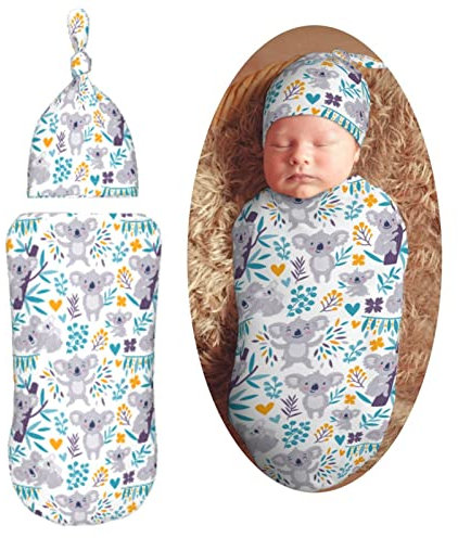 XVBCDFG Pucksack für Neugeborene, Motiv: Koalabären, mit lustigen Tieren, Blättern und Blumen, weiche Babydecke, Wickelsack für Babyparty