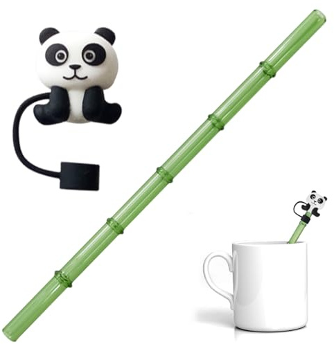 Glas-Strohhalme, 0,3 x 7,9 Zoll, Bambus-Form, wiederverwendbare Strohhalme mit abnehmbarer Panda-Strohhalm-Abdeckung, bruchsichere Trinkhalme für Saft, Eiskaffee, Urlaub, Partyzubehör, wiederverwendba