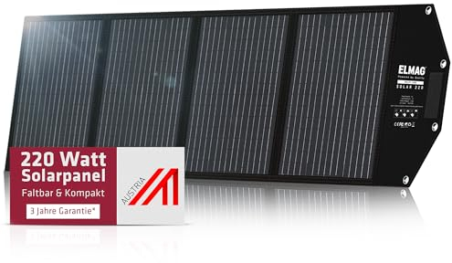 ELMAG Faltbares Solarpanel SOLAR 220 – Monokristallines 220W Solarmodul für tragbare Powerstations – 18V DC Solarpanel mit integrierten Stützfüßen – Ideal für Outdoor, Camping & Wohnmobil