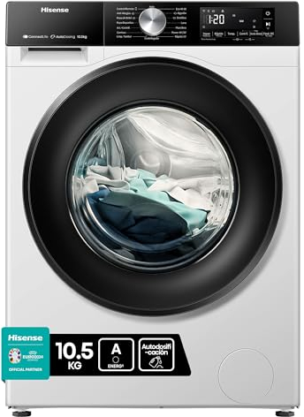 Hisense WF3S1045BW3 - Lavadora, Clase A, 10.5 kg, Auto Dosificación, Conectividad WiFi, Monitor de Consumo, Hygiene Guard, Función Vapor 99.9%, Lavado Rápido, PureJet, Blanco