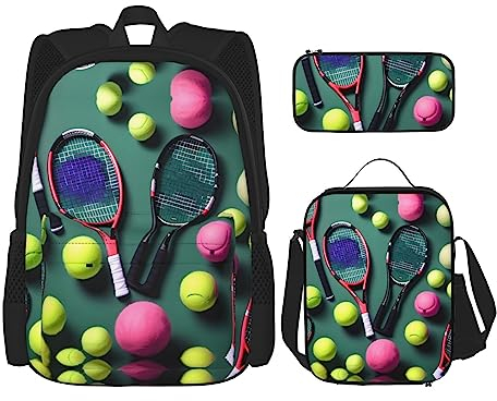 GaxfjRu Divertidas raquetas de tenis y pelotas de tenis, juego de mochila de 3 piezas para lonchera con lonchera y estuche para lápices, perfecto para la escuela, mochila para hombre